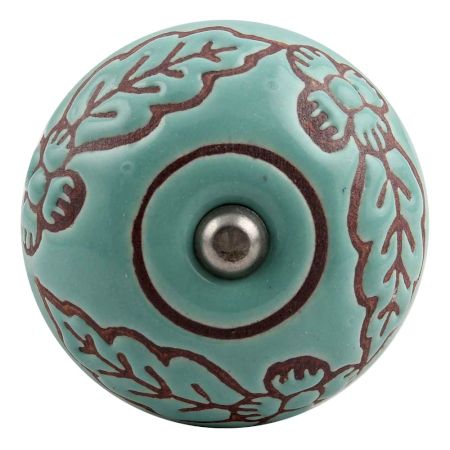Sea Green Brown Leaf Flower Etched Ceramic Wine Stopper (Pack Of One Piece)